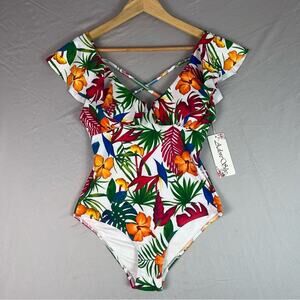 Tropical Floral One Piece Swimsuit Womens Small Flutter Shoulder New With Tags